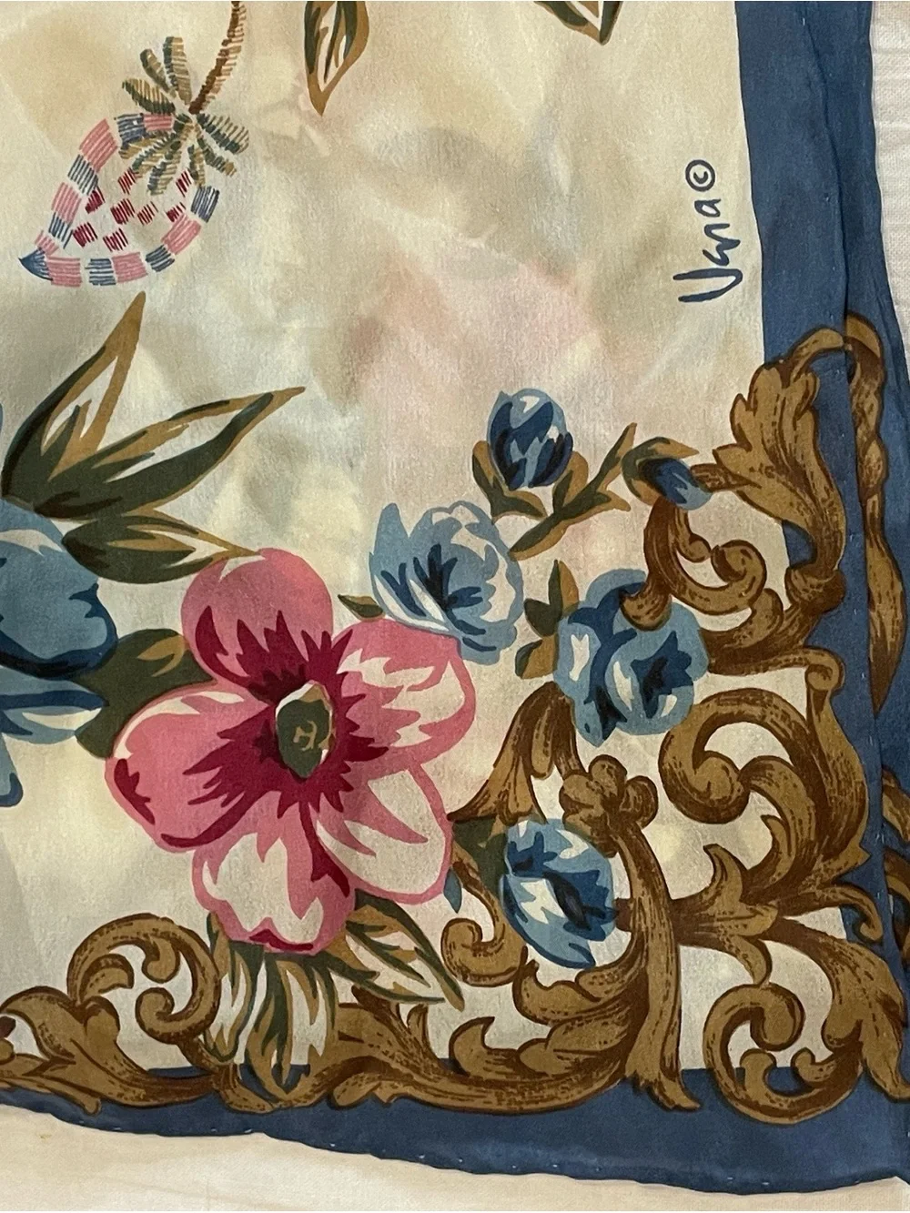 Vintage Vera Floral Scarf Blue Pink Cream Baroque Cottagecore Sheer Wrap 52”x10”